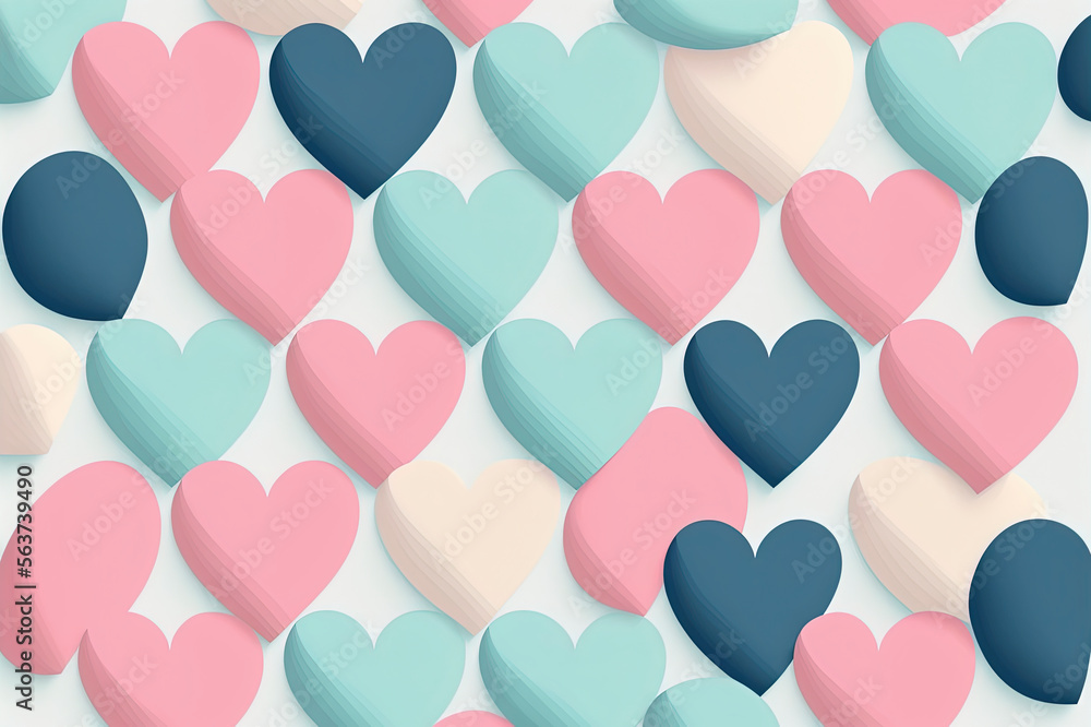 Seamless pattern of heart, pastele blue, yellow and pink hearts, generative ai