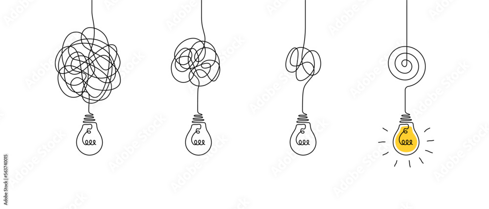One continuous line drawing of tangled and scribble wires with light bulbs. Concept of complex problem solving process and Clarifying idea in simple linear style. Editable stroke. Vector illustration - obrazy, fototapety, plakaty 