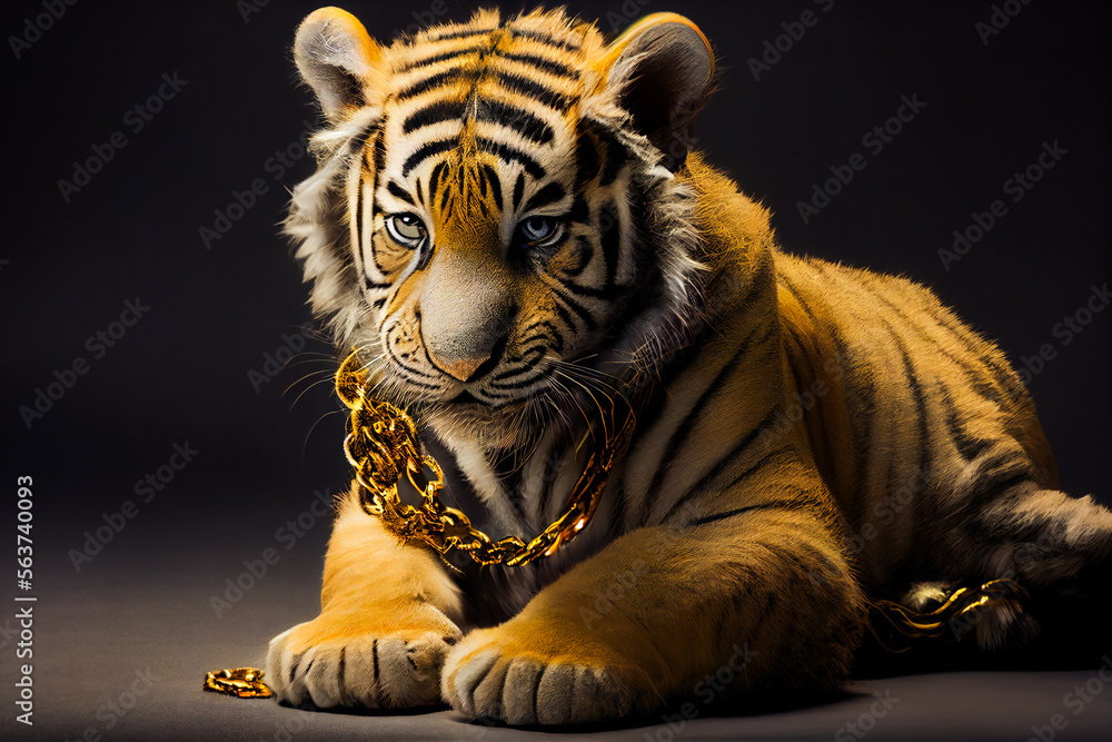 Portrait of a Tiger with Gold Chain on Black Background. Generative AI.
