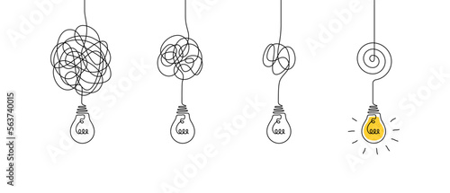 One continuous line drawing of tangled and scribble wires with light bulbs. Concept of complex problem solving process and Clarifying idea in simple linear style. Editable stroke. Vector illustration