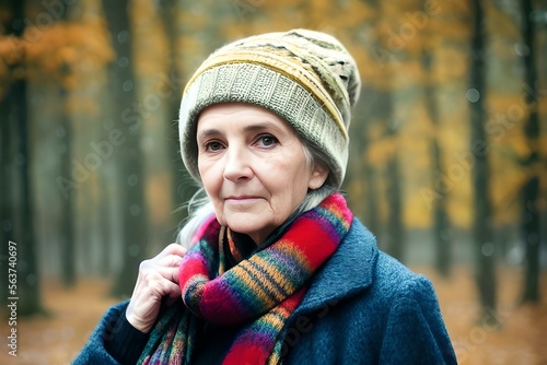 Portrait of an old lady walking in the forest in autumn, wrapped up warm, wooly hat and scarf, natural, fit, elderly, retirement, happy , contented, later life retired - Generative AI.