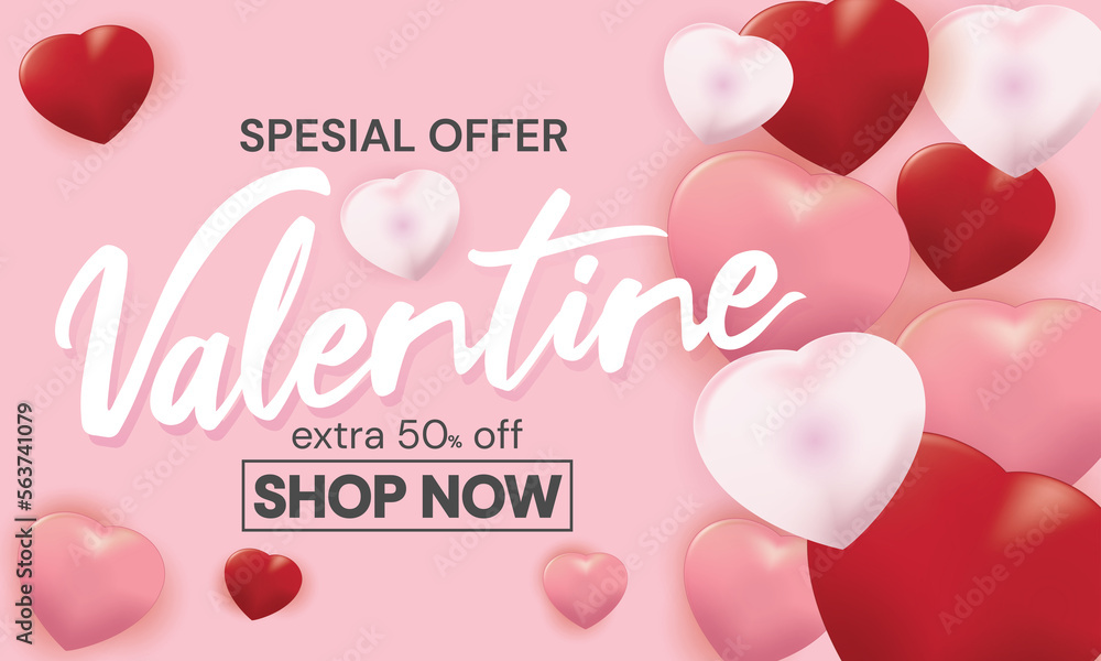 Valentines day sale offer banner with floats hearts background