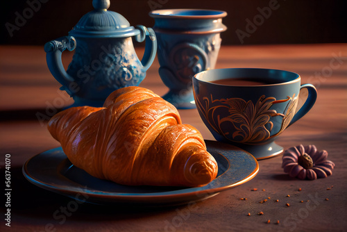 coffee on the table with croissant. Generative AI.