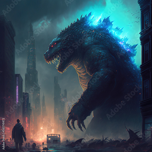 dinosaur monster dragon attacking city at night