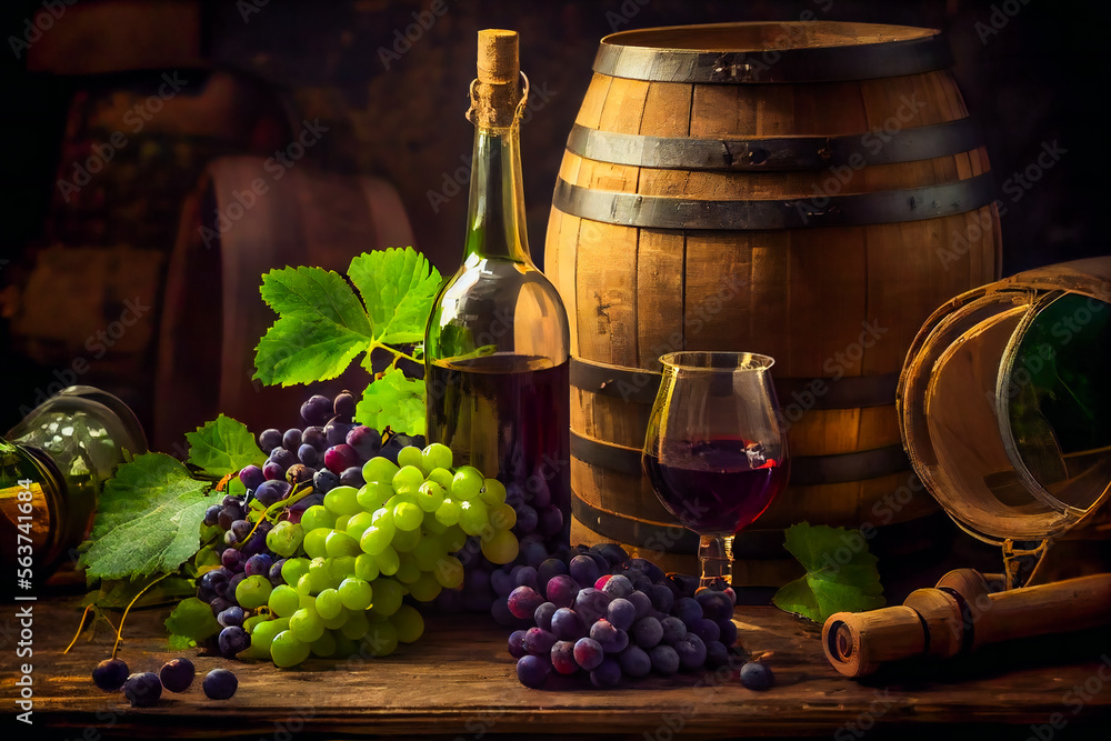 Obraz premium wine bottle and wine glass on wodden barrel. Generative AI.