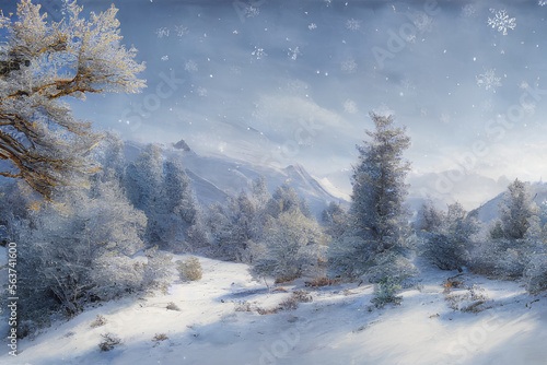 Winter mountain blanketed in a snow-covered landscape, its trees glistening with the warm glow of the setting sun. Early night sky illuminated by streaks of dazzling lightning, Generative AI