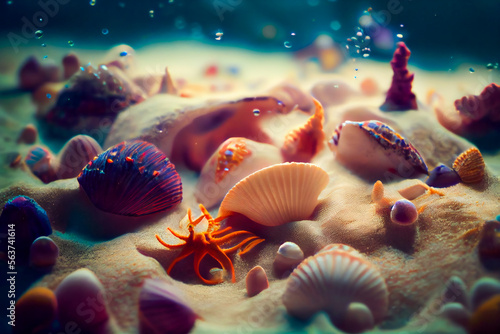 Seashells  underwater background. Generative AI.