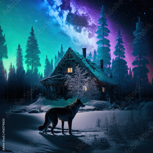 wolf at night in front of a house