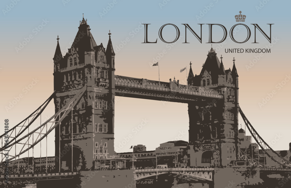 Obraz premium Vintage postcard with famous Tower-Bridge in London, UK. Retro postcard with words London, United Kingdom