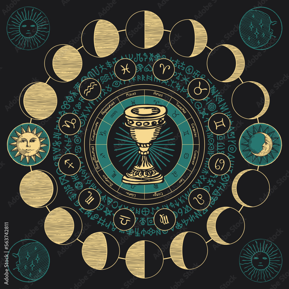 Sign With Holy Grail With The Sun Moon Alchemical Symbols In Retro Style Zodiac Signs And 6717