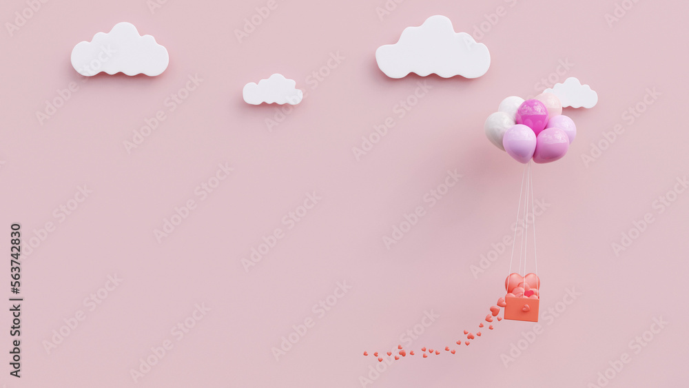 Illustration of Love and Valentine's Day, heart overflowing feather balloons. Art paper, card. Used in background design.3d render.