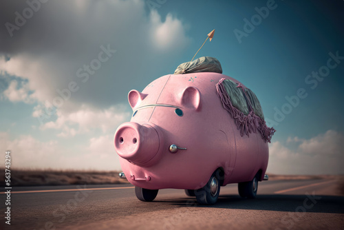 Fahrendes Sparschwein, kleines rosa Auto in Schweineform - Generative AI photo