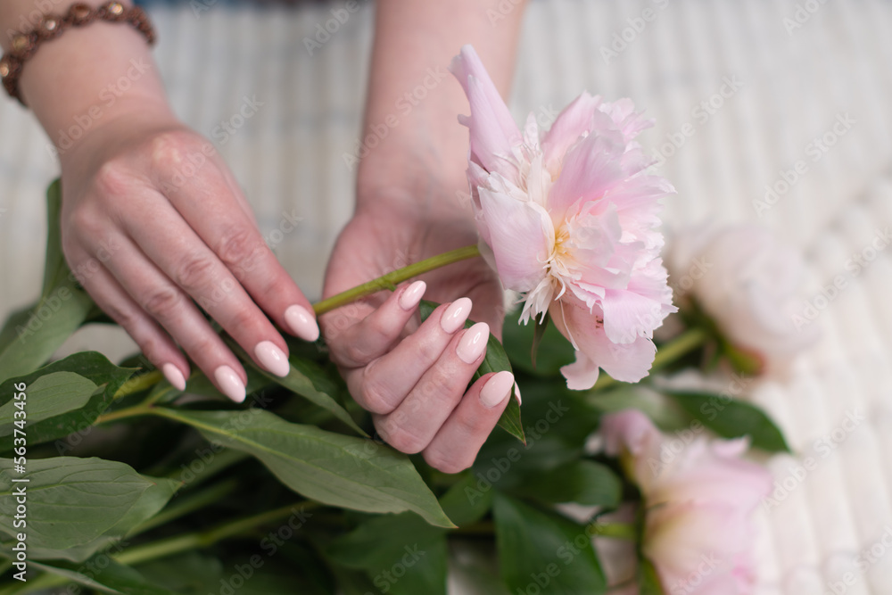 Fototapeta premium girl's hands with a beautiful pink manicure design,pastel color, gently, flowers