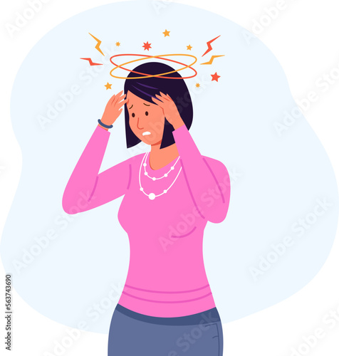 Female vertigo. Tired woman with dizzy vomiting headache, hangover symptom nausea after drunk, anxiety fatigue sickness women migraine, sick exhausted character vector illustration