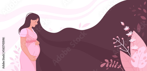 Pregnant holding belly. Healthy pregnancy and childbirth, mother woman carries baby in abdomen, growth maternal tummy happy motherhood nature fertility concept vector illustration