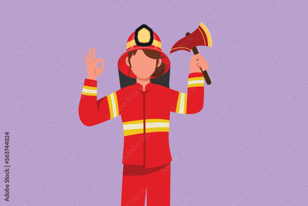 Graphic flat design drawing cute female firefighter in complete uniform holding glass breaking axe with okay gesture prepare to put out fire that burned the building. Cartoon style vector illustration Graphic flat design drawing cute female firefighter in complete uniform holding glass breaking axe with okay gesture prepare to put out fire that burned the building. Cartoon style vector illustration