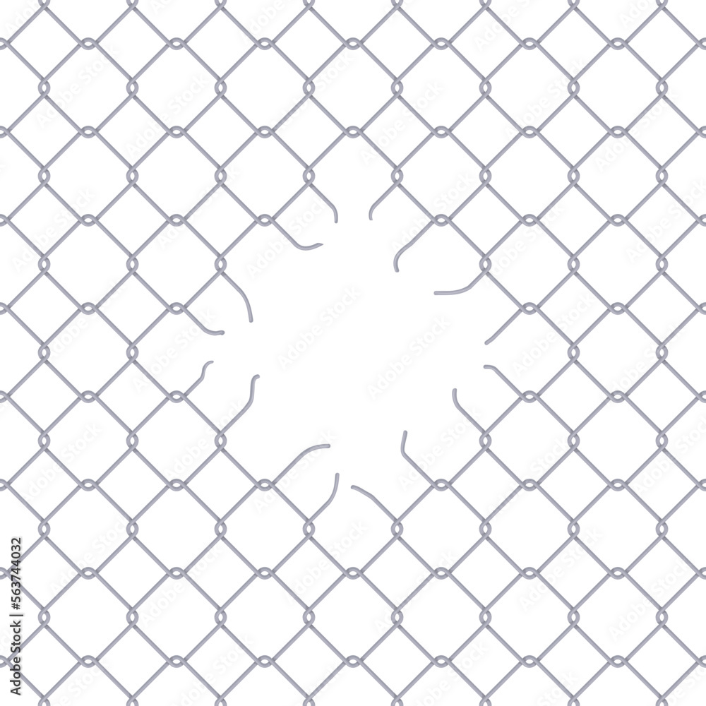 Broken grid fence. Ripped metal netting enclosures, break chain link ...