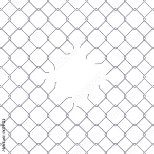 Broken grid fence. Ripped metal netting enclosures, break chain link net jail, cut hole in mesh fencing curved wire bars freedom