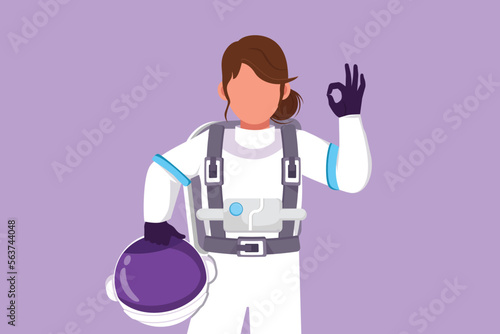 Character flat drawing of active female astronaut holding helmet with okay gesture wearing spacesuit ready to explore outer space in search of mysteries of universe. Cartoon design vector illustration