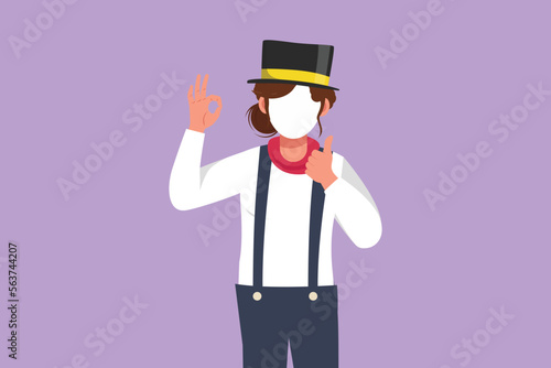 Graphic flat design drawing funny female mime artist say hi with okay gesture, white face make up puts on silent motion comedy show at circus show. Creative industry. Cartoon style vector illustration