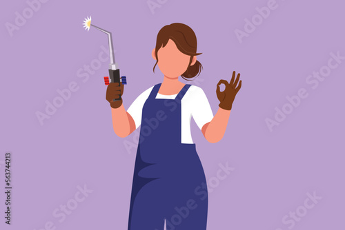 Character flat drawing beauty female welder holding welding tool with okay gesture, working in construction of building forming steel frame that is melted by fire. Cartoon design vector illustration