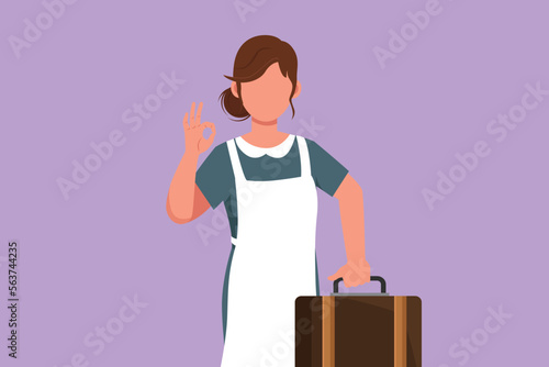 Graphic flat design drawing cute maid in hotel holding suitcase with okay gesture. Work deftly to clean and prepare sheet bed in hotel room with professional manner. Cartoon style vector illustration