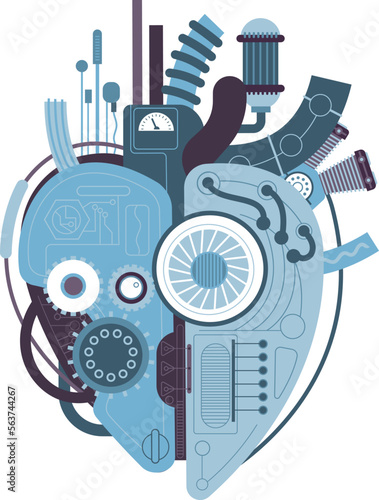Mechanical heart. Machine heart, love motor industrial pump complex with gears pipe cables, robotic steel hearts steam or cyber punk creative tattoo, splendid vector illustration