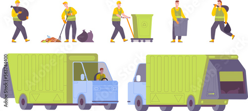 Garbage service workers. Rubbish management employee and waste truck, cleaner sweeping roads bin collector environmental recycle trash clean dump car, splendid vector illustration