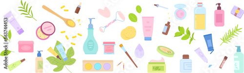 Skin cleansing products. Natural vegan eco friendly antiaging cosmetic product peeling facial skincare exfoliation organic essence oil serum scrub lotion, swanky vector illustration