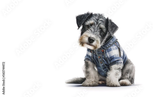Terrier mix pet puppy dog is sitting on a white background looking forward with its cute curious little head tipped to one side. The shaggy dog is wearing a denim button up shirt. Generative ai