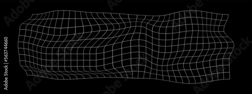 Distorted fish net. Grid deformation. Warped mesh texture. Thin line. Curvatured chequered pattern. Bented lattice surface isolated on white background