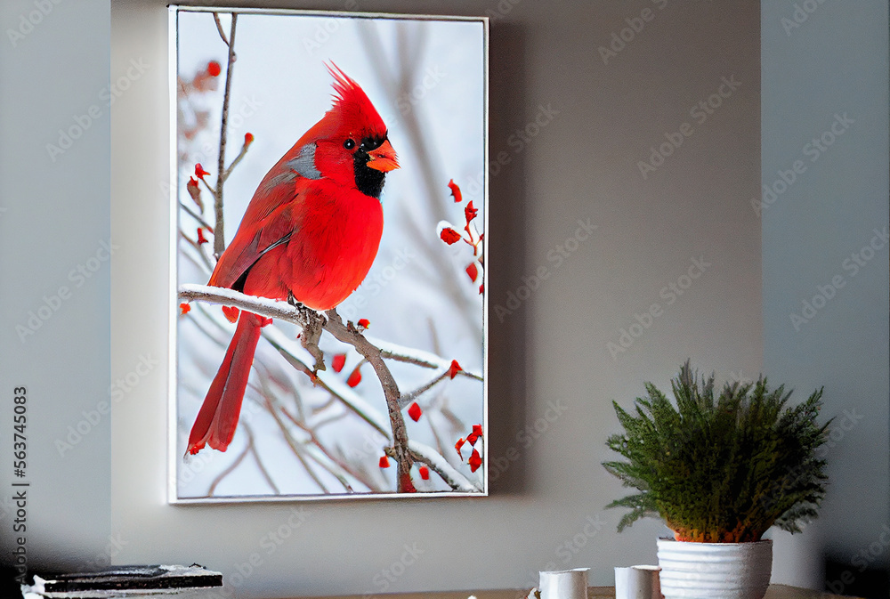 Fototapeta premium Picture of Red Cardinal Bird Hanging on Wall - Generative AI.