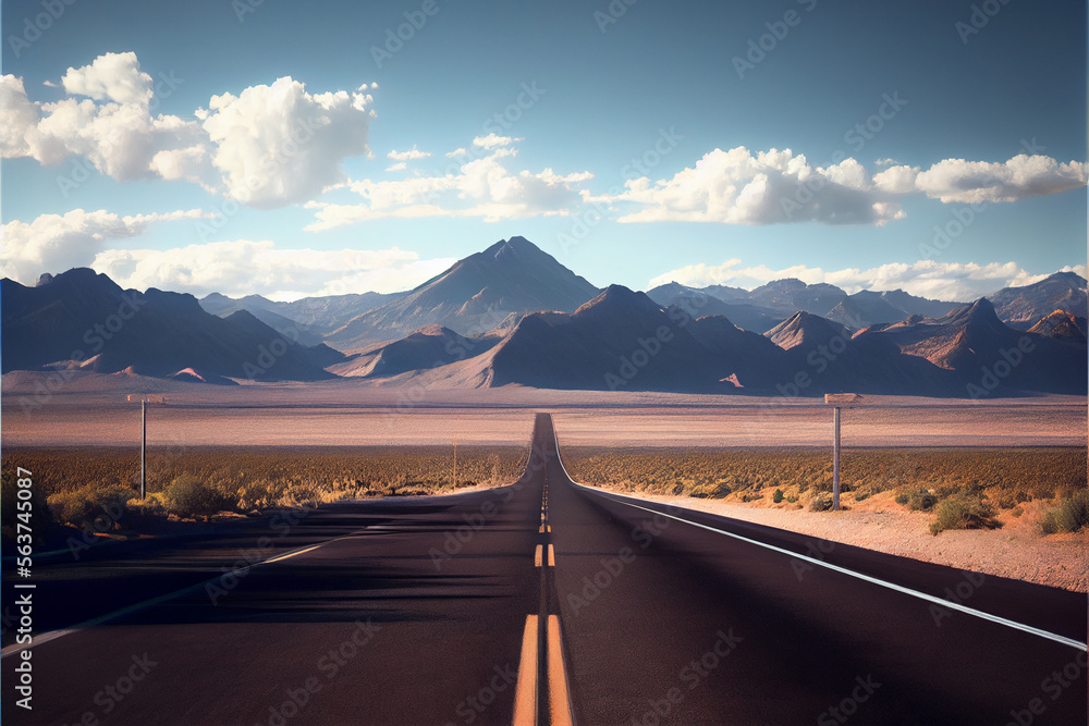 Open road on the prairies looking to the mountains; generative AI.