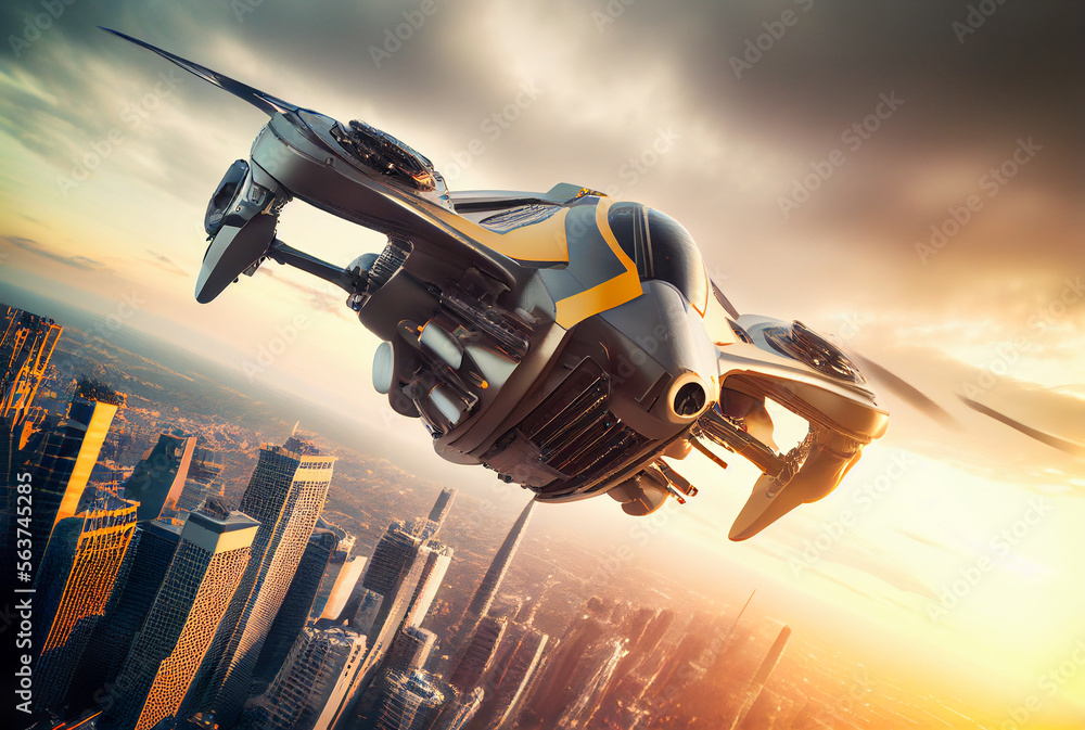 Futuristic Drone Flying Above a City - Generative AI. Futuristic Drone Flying Above a City - Generative AI.