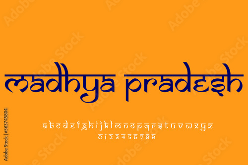 Indian state Madhya Pradesh text design. Indian style Latin font design, Devanagari inspired alphabet, letters and numbers, illustration.