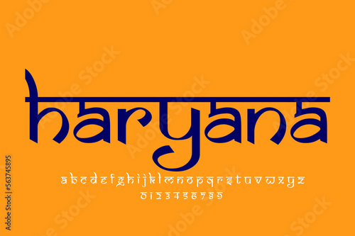 Indian state haryana text design. Indian style Latin font design, Devanagari inspired alphabet, letters and numbers, illustration. photo