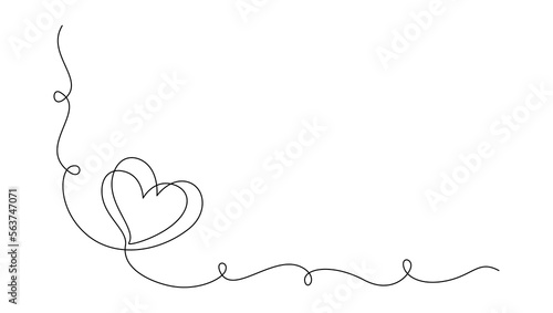 One continuous line drawing of couple hearts and love symbol. Thin curl border and romantic symbol in simple linear style. Editable stroke. Minimalistic Doodle vector illustration