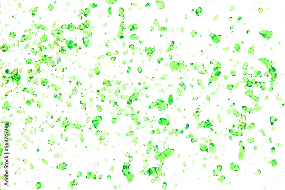 Many Dot droplet of Green juice from nature splash in Air. Water green leaf pour from sky and purify clean natural. Many shape form of water splashing flow over White background Isolated