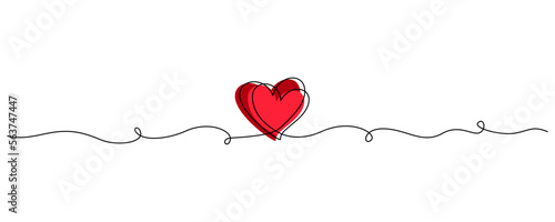 One continuous line drawing of couple hearts and love symbol. Thin curl border and romantic symbol in simple linear style. Editable stroke. Minimalistic outline vector illustration