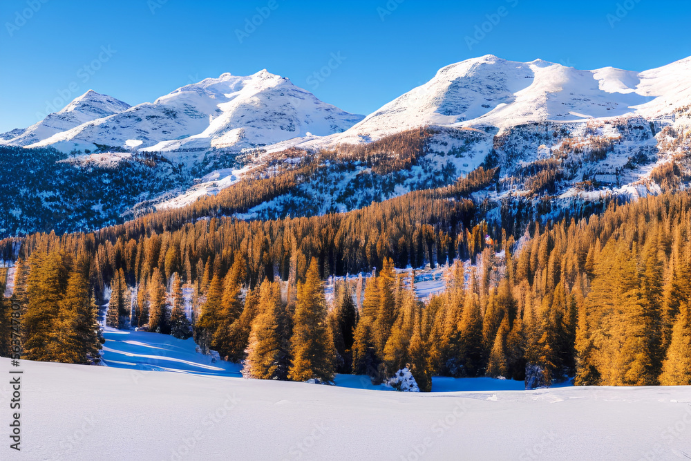 A winter wonderland of snow-blanketed mountains and glistening evergreens, a landscape with awe-inspiring beauty, sending a thrill of excitement through me. Generative AI