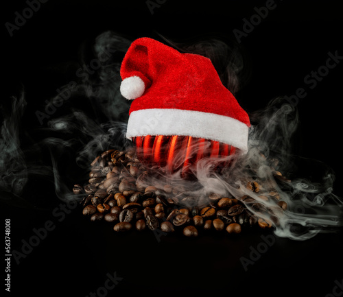 Roasted coffee beans with a New Year's toy