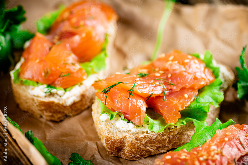Salmon sandwich on paper. Macro background. Salmon sandwich on paper. Macro background.