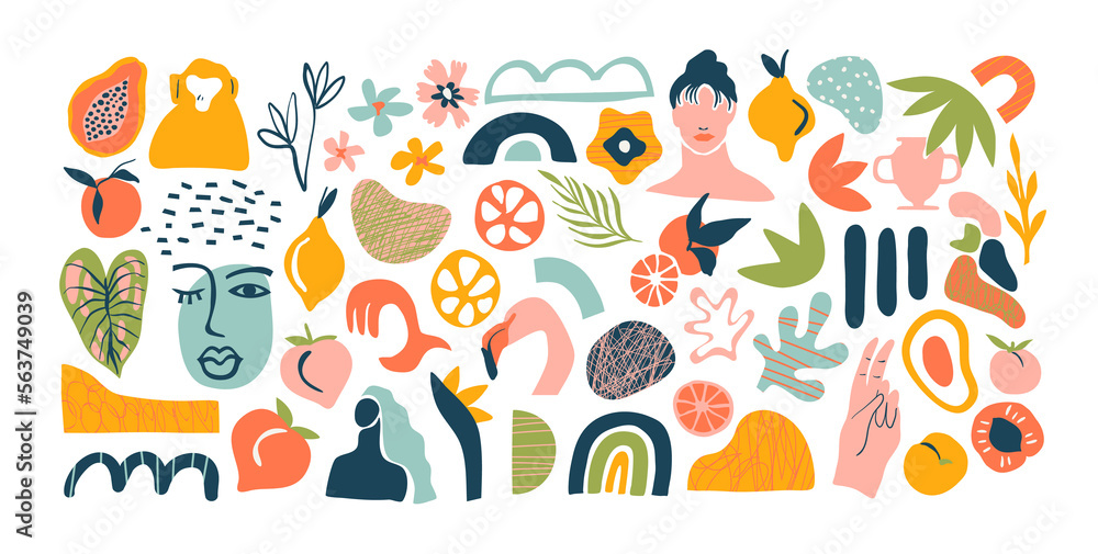 Set of trendy doodle and abstract nature icons on isolated white background. Big summer collection, random organic shapes in freehand matisse art style. Includes people, floral art, animal bundle.	
