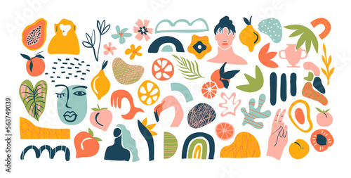 Set of trendy doodle and abstract nature icons on isolated white background. Big summer collection, random organic shapes in freehand matisse art style. Includes people, floral art, animal bundle.  © Dedraw Studio