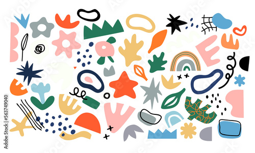 Set of trendy doodle and abstract random icons on isolated background. Big element collection, unusual organic shapes in freehand matisse art style. Includes bird, leaf, flower and texture bundle.	