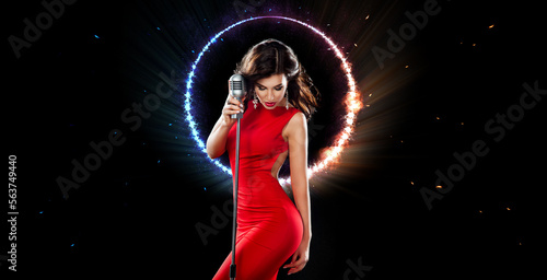 Canvas Print Karaoke singer in neon light