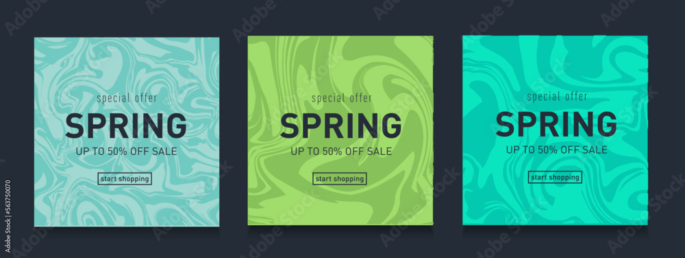 Spring liquid with green colors. Abstract twisting in style retro 60s, 70s. Trendy pattern for greeting card, invitation, cover. Spring sale banner in vector illustration
