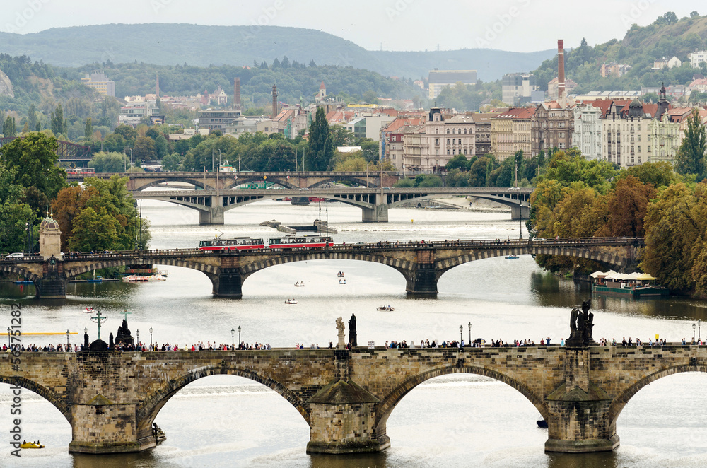 Prague bridges and Vltava river from Petrin hill, Prague, Czech Republic