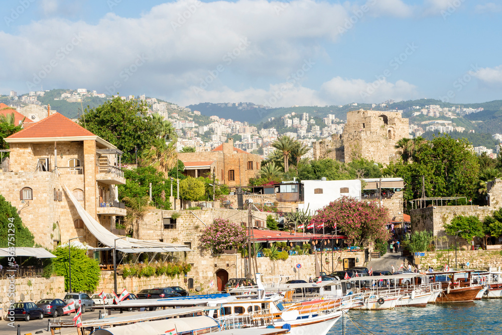 Boats at Byblos harbor with Byblos citadel in the background, Jbeil, Byblos, Lebanon