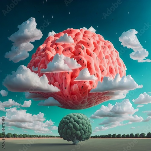 A painting of a watermelon brain floating in the sky, a surrealist painting in the style of Storm Thorgerson, pop surrealism, surrealist, behance hd, psychedelic. photo